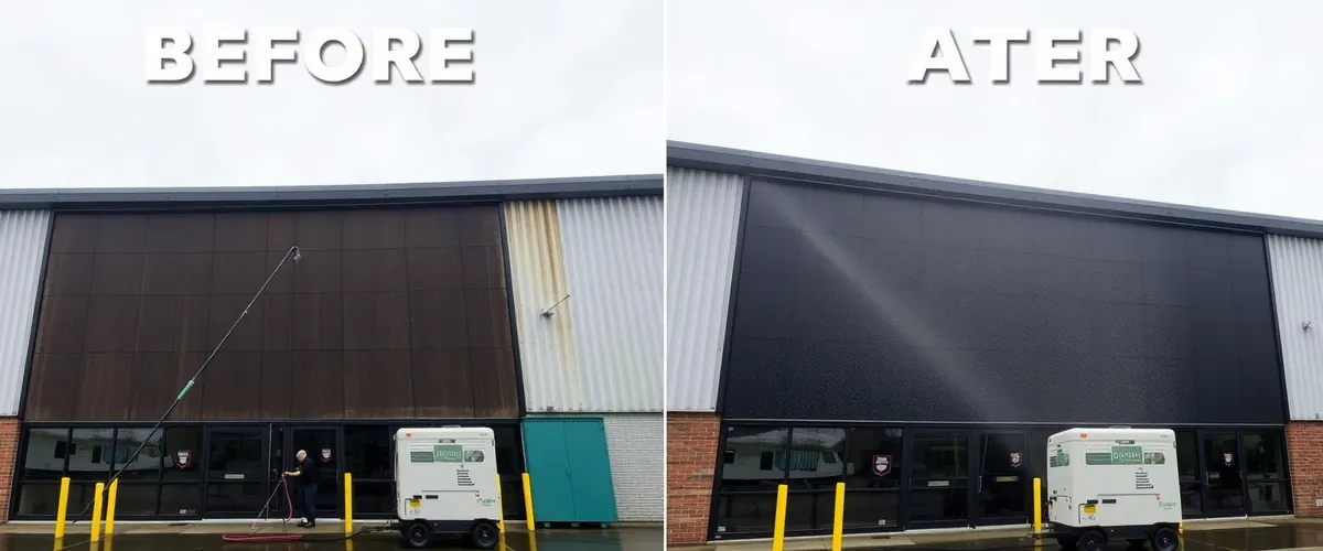 Professional exterior cleaning equipment and freshly cleaned building facade