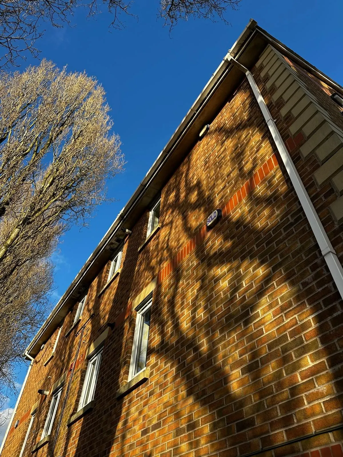 Brick building exterior showing gutters and downpipes ready for professional gutter cleaning