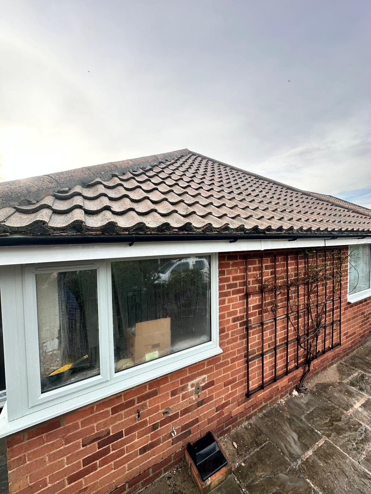 Moss-covered concrete roof tiles on a bungalow before professional roof cleaning