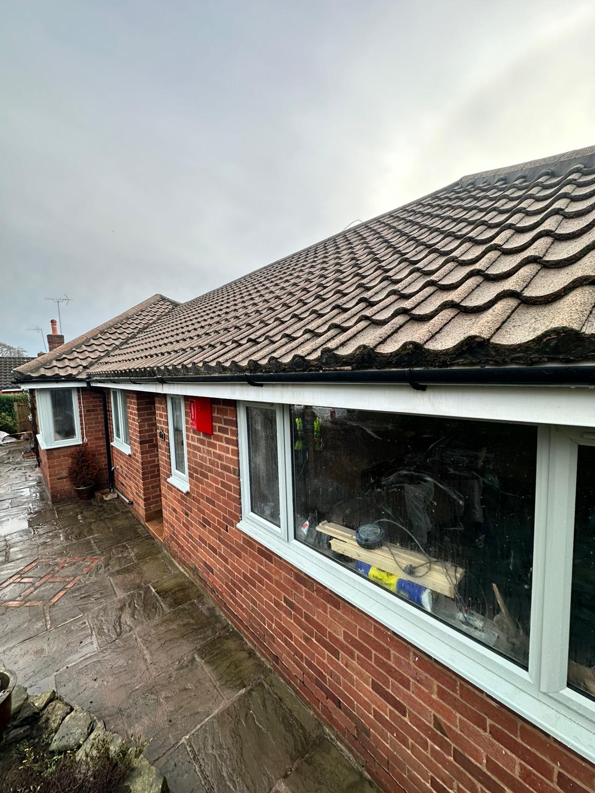 Side view of bungalow roof with heavy moss growth before cleaning treatment