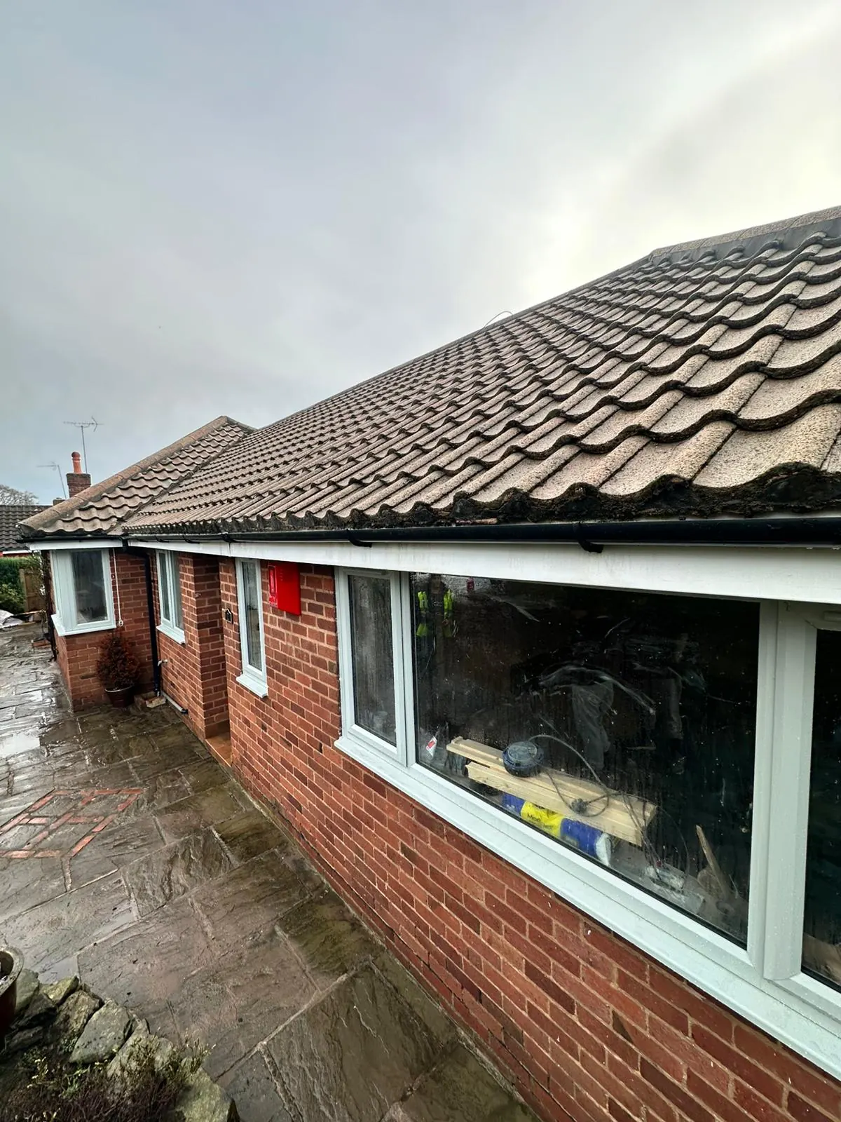 Side view of bungalow roof with heavy moss growth before cleaning treatment