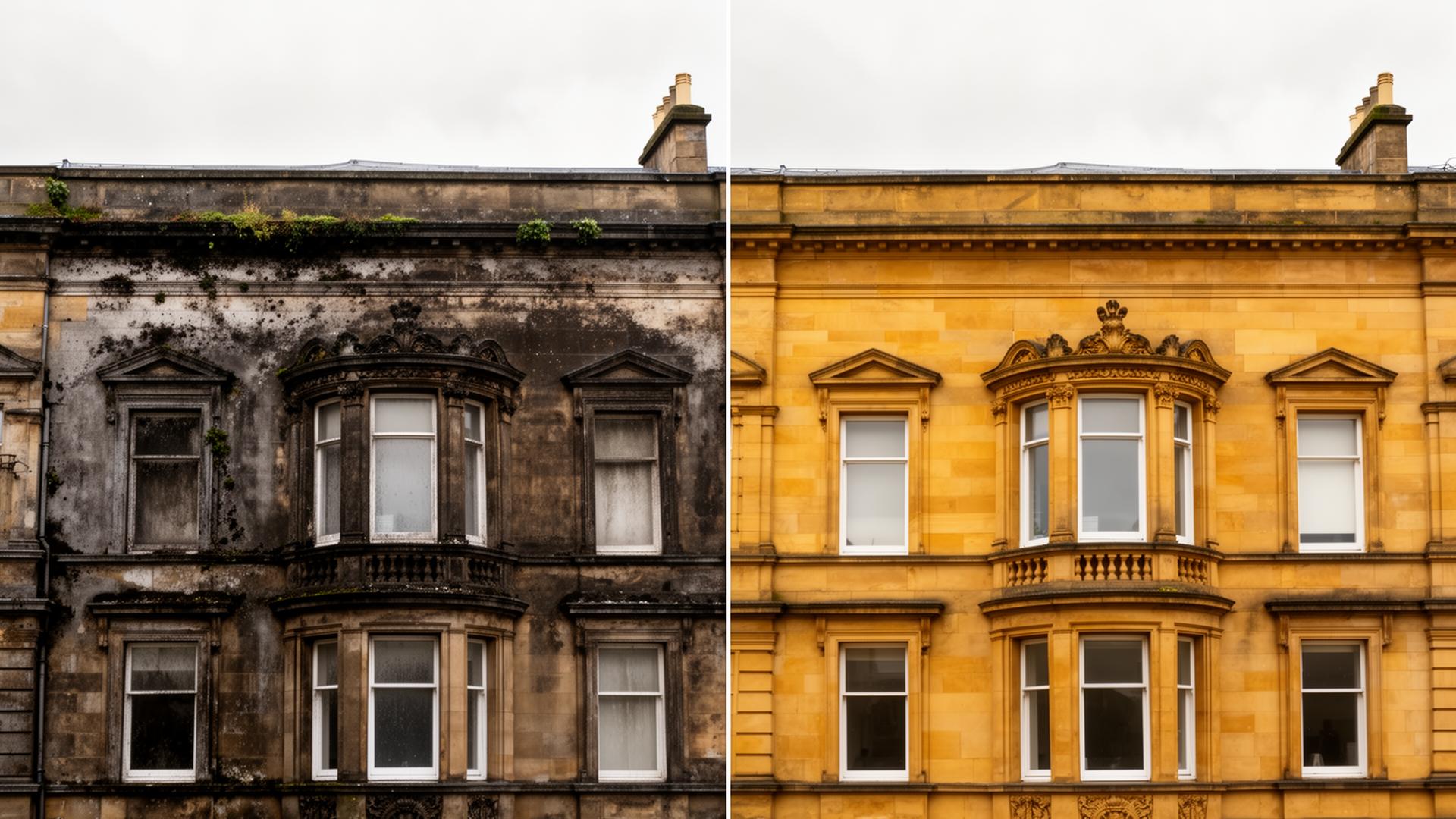 Professional DOFF steam cleaning equipment restoring heritage stonework facade in Liverpool