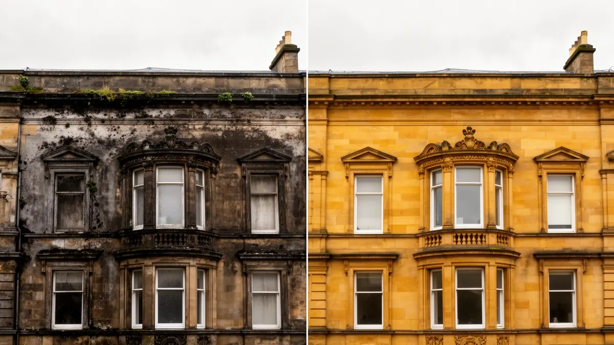 Professional DOFF steam cleaning equipment restoring heritage stonework facade in Liverpool