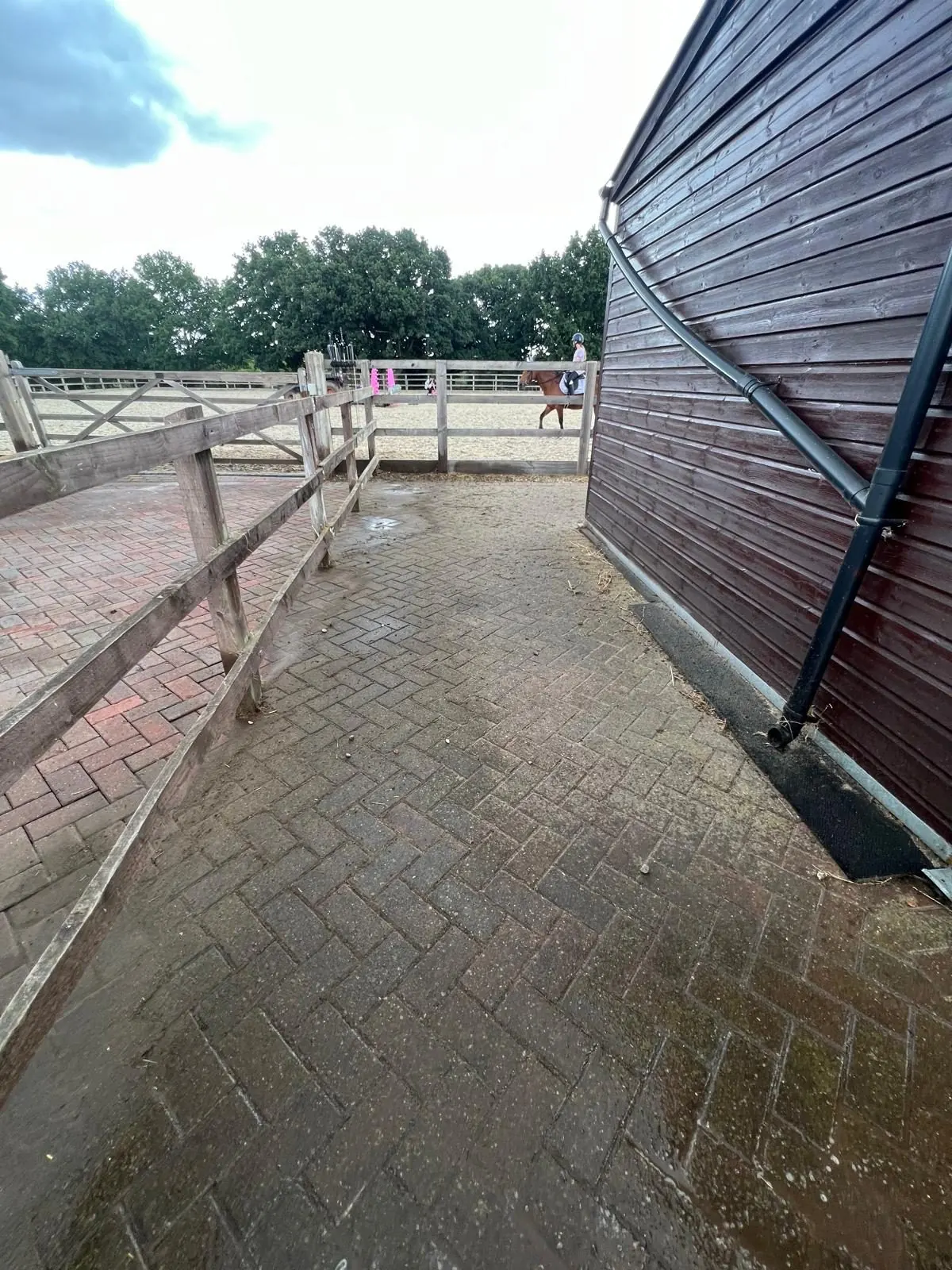 Dirty block paving corner area at stables covered in moss and grime before cleaning