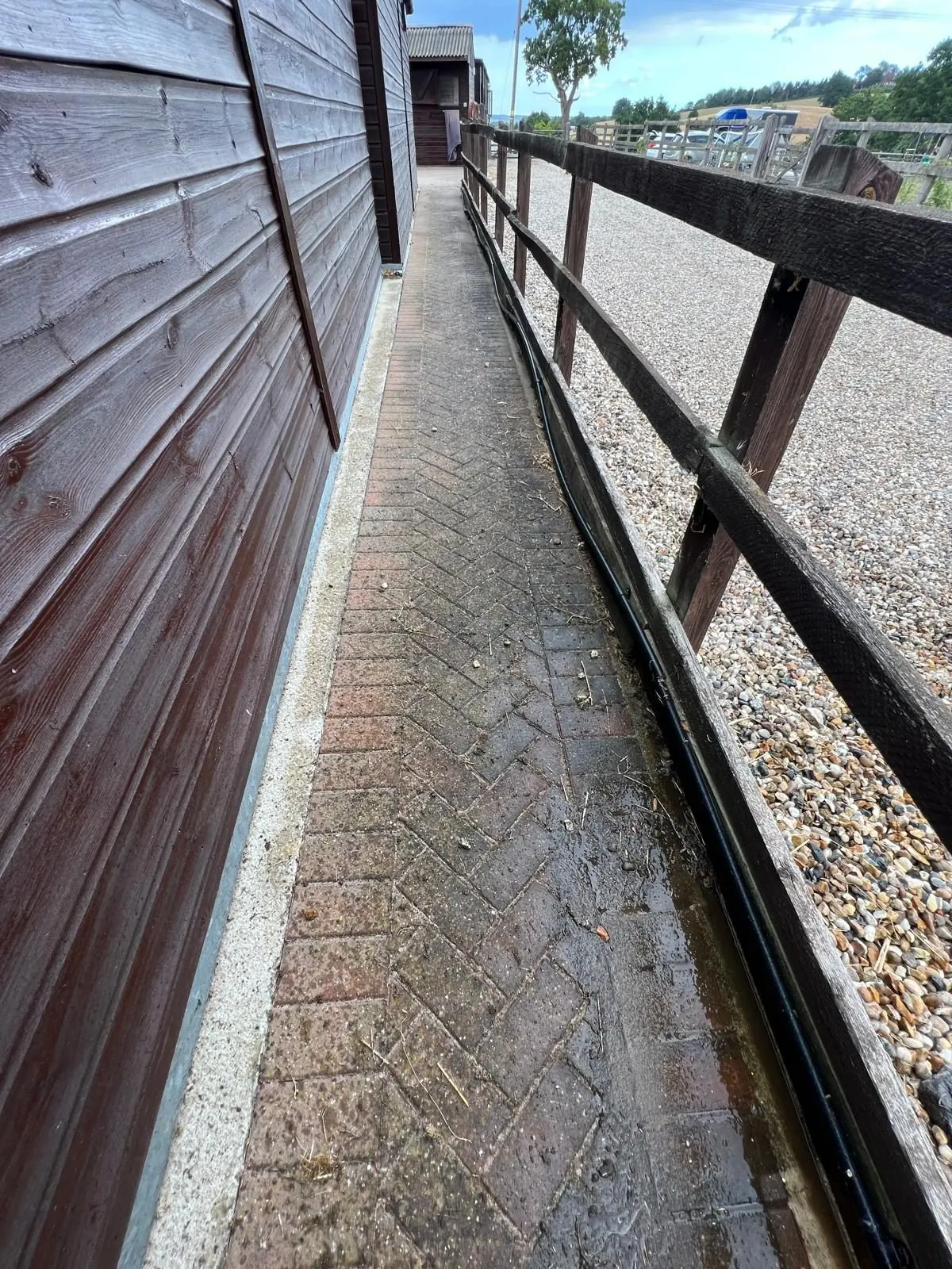 Dirty herringbone block paving stable path covered in dirt and algae before pressure washing