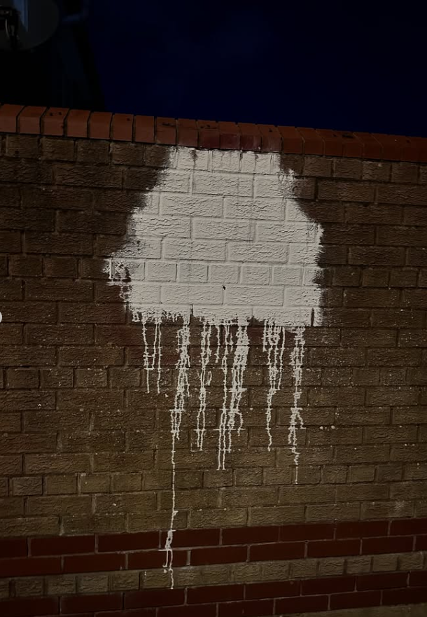 Close-up of white paint covering brickwork before specialist paint removal