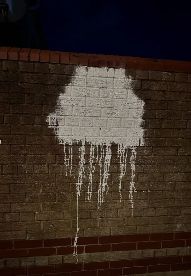 Close-up of white paint covering brickwork before specialist paint removal