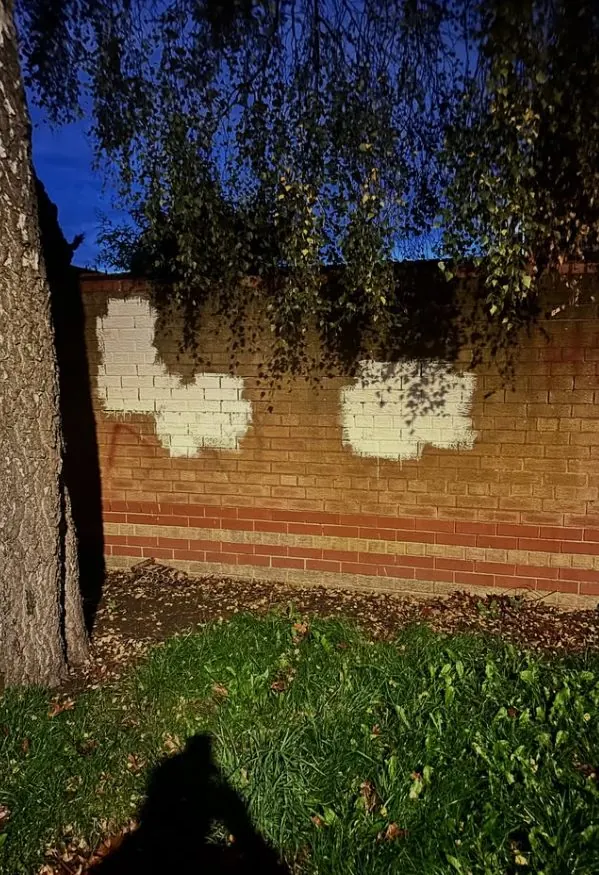 Multiple white paint patches on a brick garden wall before removal work