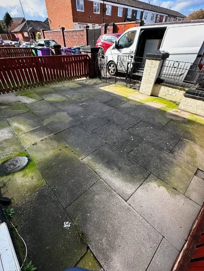 Concrete front patio before cleaning with moss and algae staining